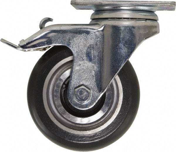 Caster Connection - 4" Diam x 1-1/4" Wide x 5-1/8" OAH Top Plate Mount Swivel Caster with Brake - Polyurethane, 400 Lb Capacity, Sealed Precision Ball Bearing, 2-3/8 x 3-5/8" Plate - Exact Tool & Supply