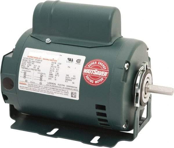 Leeson - 1/3 Max hp, 1,800 Max RPM, Premium Efficient Electric AC DC Motor - 115 V Input, Single Phase, 48 Frame, 1/2" Shaft Diam, Resilient Base Mount, ODP Enclosure - Exact Tool & Supply
