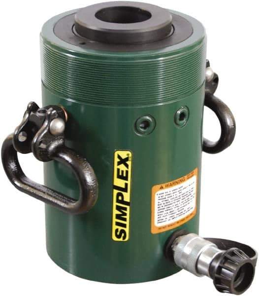 TK Simplex - 6" Stroke, 60 Ton Portable Hydraulic Hollow Hole Cylinder - 12.73 Sq In Effective Area, 76.41 Cu In Oil Capacity, 12.75 to 18.75" High, 3-5/8" Plunger Diam, 10,000 Max psi - Exact Tool & Supply