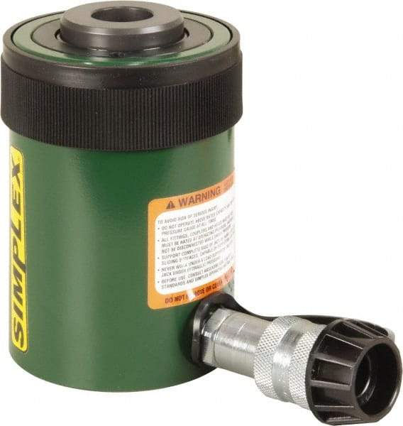 TK Simplex - 2" Stroke, 20 Ton Portable Hydraulic Hollow Hole Cylinder - 4.73 Sq In Effective Area, 9.46 Cu In Oil Capacity, 6.42 to 8.42" High, 2-1/8" Plunger Diam, 10,000 Max psi - Exact Tool & Supply
