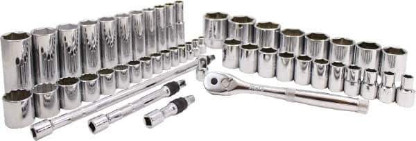 Proto - 50 Piece 3/8" & 1/2" Drive Chrome Finish Deep Well Socket Set - 6, 12 Points, 5/16" to 1-1/2" Range, Inch Measurement Standard - Exact Tool & Supply