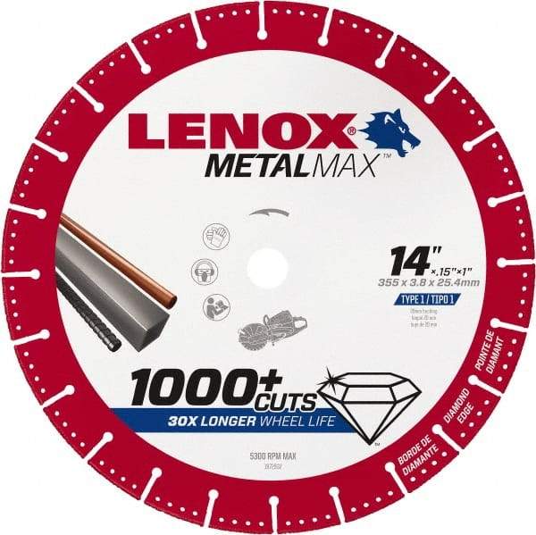 Lenox - 14" 25/30 Grit Diamond Cutoff Wheel - 0.15" Thick, 1" Arbor, 5,300 Max RPM, Use with Gas Powered Saws - Exact Tool & Supply
