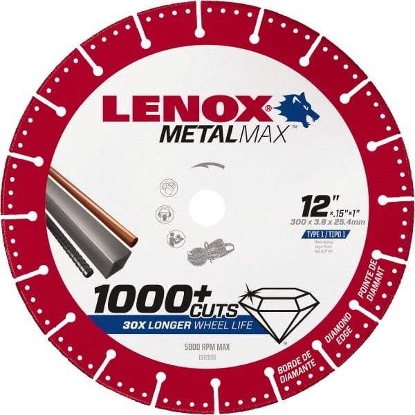 Lenox - 12" 25/30 Grit Diamond Cutoff Wheel - 0.126" Thick, 1" Arbor, 5,000 Max RPM, Use with Gas Powered Saws - Exact Tool & Supply