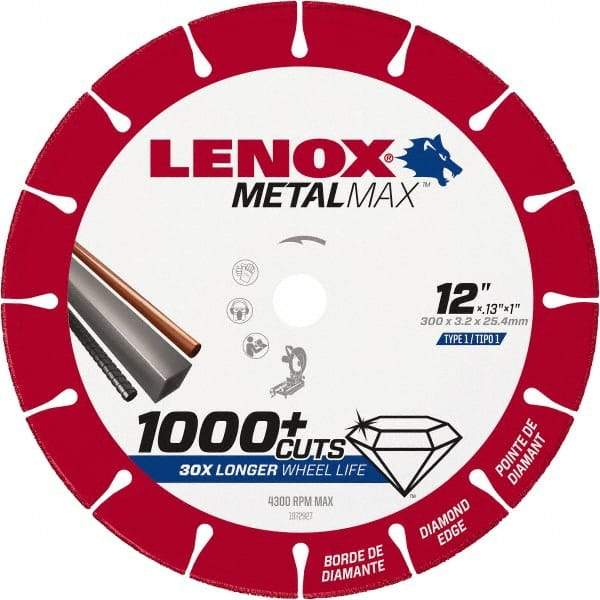 Lenox - 12" 25/30 Grit Diamond Cutoff Wheel - 0.126" Thick, 1" Arbor, 4,300 Max RPM, Use with Stationary Tools - Exact Tool & Supply