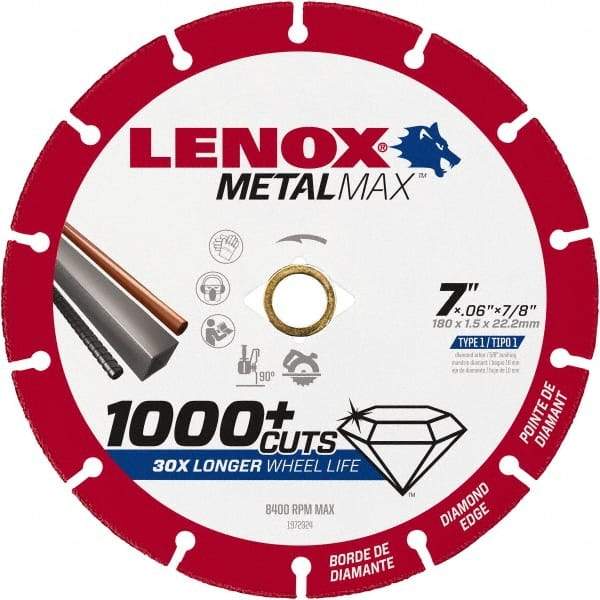 Lenox - 7" 40/50 Grit Diamond Cutoff Wheel - 0.06" Thick, 7/8" Arbor, 8,400 Max RPM, Use with Angle Grinders - Exact Tool & Supply