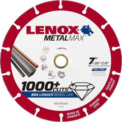 Lenox - 7" 40/50 Grit Diamond Cutoff Wheel - 0.06" Thick, 7/8" Arbor, 8,400 Max RPM, Use with Angle Grinders - Exact Tool & Supply