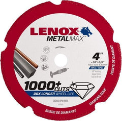 Lenox - 4" 40/50 Grit Diamond Cutoff Wheel - 0.05" Thick, 3/8" Arbor, 15,200 Max RPM, Use with Die Grinders - Exact Tool & Supply