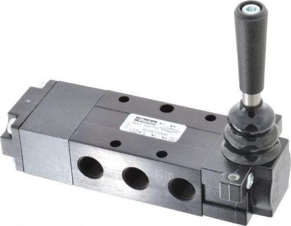 Parker - 0.83 CV Rate, 1/4" NPT Inlet Direct Air 4 Mechanical Spool Valve - 4 Way, 3 Position CC, 150 Max psi, Lever Spring Return - Exact Tool & Supply