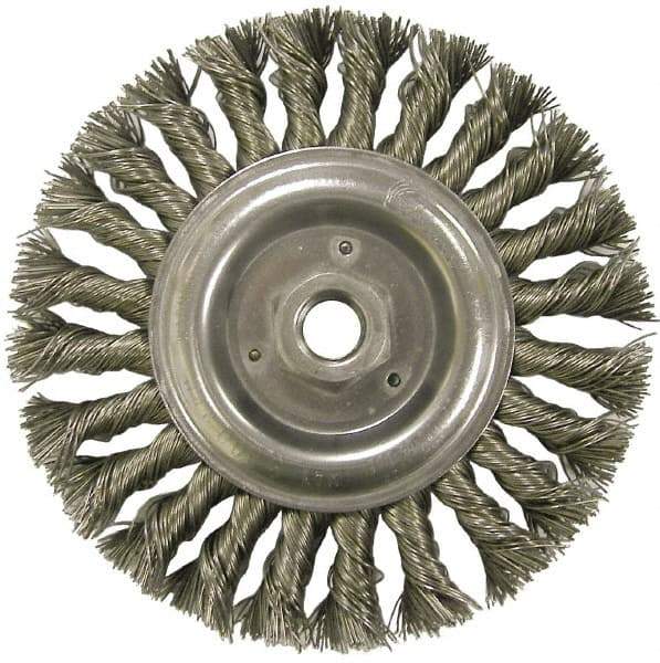 Weiler - 6" OD, 5/8-11 Arbor Hole, Knotted Steel Wheel Brush - 1/2" Face Width, 1-3/8" Trim Length, 0.023" Filament Diam, 9,000 RPM - Exact Tool & Supply