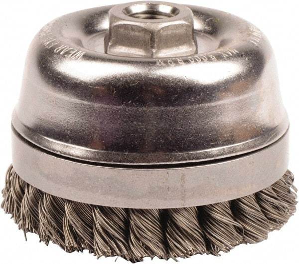 Weiler - 4" Diam, 5/8-11 Threaded Arbor, Steel Fill Cup Brush - 0.02 Wire Diam, 7/8" Trim Length, 9,000 Max RPM - Exact Tool & Supply