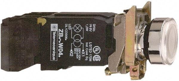 Schneider Electric - 22mm Mount Hole, Flush, Pushbutton Switch with Contact Block - Round, White Pushbutton, Illuminated, Momentary (MO) - Exact Tool & Supply