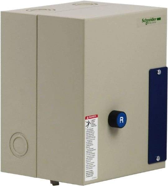 Schneider Electric - 9 Amp, 120 Coil VAC, Reversible Enclosed IEC Motor Starter - 1 Phase Hp: 0.3 at 120 VAC, 1 at 240 VAC, 3 Phase Hp: 2 at 208 VAC, 2 at 230 VAC, 5 at 460 VAC, 7.5 at 575 VAC - Exact Tool & Supply