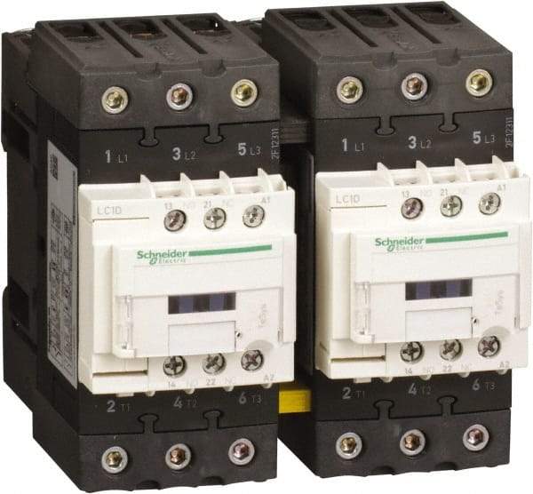 Schneider Electric - 3 Pole, 120 Coil VAC at 50 Hz and 120 Coil VAC at 60 Hz, 40 Amp, IEC Contactor - 1 Phase hp: 3 hp (115), 5 hp (230/240), 3 Phase hp: 10 hp (200/208), 10 hp (230/240), 30 hp (460/480), 30 hp (575/600) - Exact Tool & Supply
