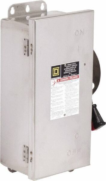 Square D - 30 Amp, 600 VAC/VDC, 3 Pole Fused Safety Switch - NEMA 12, 3, 3R, 4 & 4X, 7.5 hp at 480 VAC, 5 hp at 250 VDC (Single Phase), 20 hp at 600 VAC, 10 hp at 600 VDC (Triple Phase), 3PST Contact Form - Exact Tool & Supply