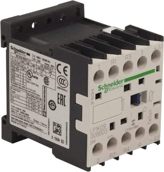 Schneider Electric - 4 Pole, 24 Coil VDC, 16 Amp at 690 VAC and 20 Amp at 440 VAC, Nonreversible IEC Contactor - BS 5424, CSA, IEC 60947, NF C 63-110, RoHS Compliant, UL Listed, VDE 0660 - Exact Tool & Supply