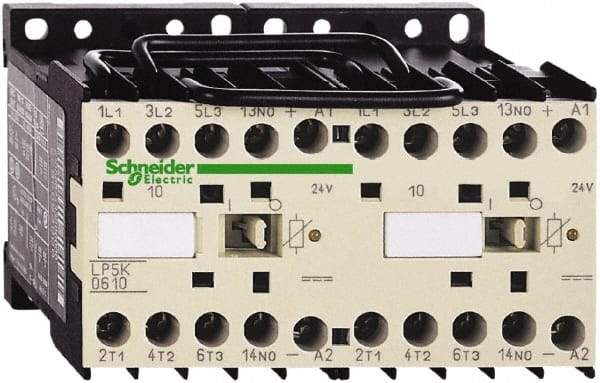 Schneider Electric - 3 Pole, 24 Coil VDC, 12 Amp at 440 VAC, 16 Amp at 690 VAC and 20 Amp at 440 VAC, Reversible IEC Contactor - BS 5424, CSA, IEC 60947, NF C 63-110, RoHS Compliant, UL Listed, VDE 0660 - Exact Tool & Supply