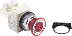 Schneider Electric - 30mm Mount Hole, Extended Straight, Pushbutton Switch with Contact Block - Red Pushbutton, Maintained (MA) - Exact Tool & Supply