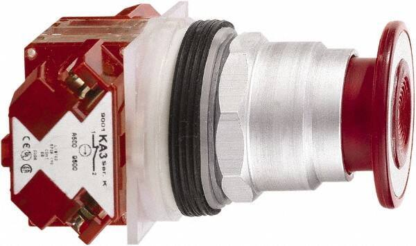 Schneider Electric - 30mm Mount Hole, Extended Mushroom Head, Pushbutton Switch with Contact Block - Round, Red Pushbutton, Maintained (MA) - Exact Tool & Supply
