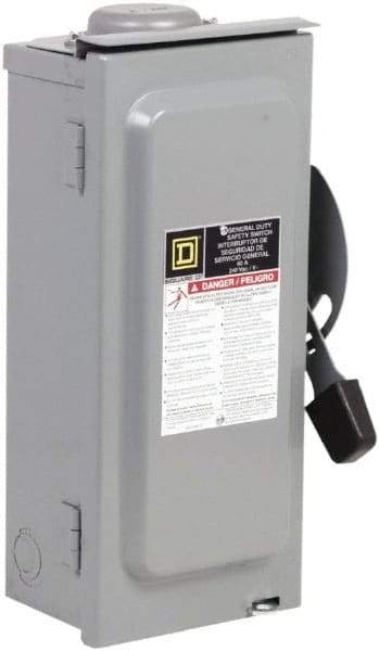 Square D - 60 Amp, 240 V, 2 Pole Fused Safety Switch - NEMA 3R, 10 hp at 240 VAC (Single Phase), 15 hp at 240 VAC (Triple Phase), DPST Contact Form - Exact Tool & Supply