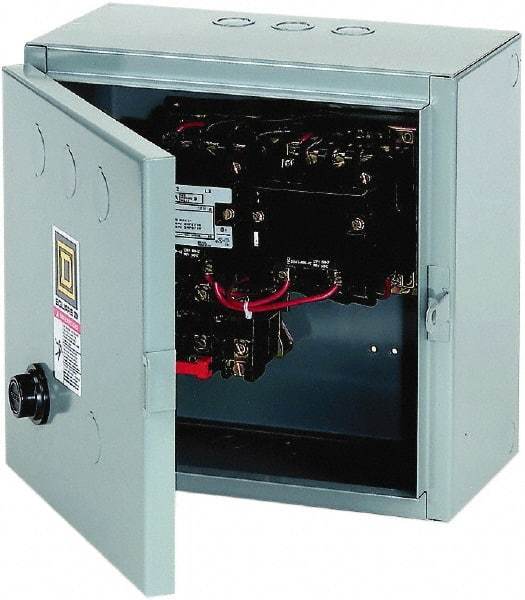 Square D - 110 Coil VAC at 50 Hz, 120 Coil VAC at 60 Hz, 27 Amp, NEMA Size 1, Reversible Enclosed Enclosure NEMA Motor Starter - 3 Phase hp: 10 at 460 VAC, 10 at 575 VAC, 7-1/2 at 200 VAC, 7-1/2 at 230 VAC, 1 Enclosure Rating - Exact Tool & Supply