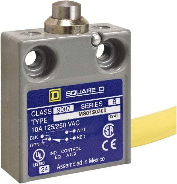 Square D - SPDT, NC/NO, 240 VAC, Prewired Terminal, Plunger Actuator, General Purpose Limit Switch - 1 NEMA Rating, IP20 IPR Rating, 18 Ounce Operating Force - Exact Tool & Supply