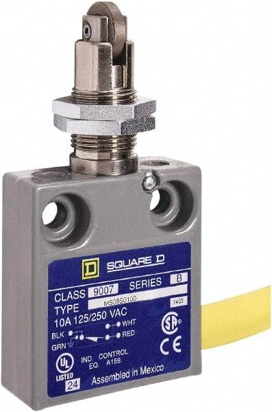Square D - SPDT, NC/NO, 240 VAC, Prewired Terminal, Roller Plunger Actuator, General Purpose Limit Switch - 1, 2, 4, 6, 6P NEMA Rating, IP67 IPR Rating, Panel Mount, 80 Ounce Operating Force - Exact Tool & Supply