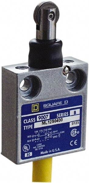 Square D - SPDT, NC/NO, 240 VAC, 4 Pin M12 Male Terminal, Roller Plunger Actuator, General Purpose Limit Switch - 1, 2, 4, 6, 6P NEMA Rating, IP67 IPR Rating, 80 Ounce Operating Force - Exact Tool & Supply