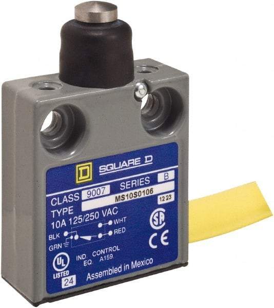 Square D - SPDT, NC/NO, 240 VAC, Prewired Terminal, Plunger Actuator, General Purpose Limit Switch - 1, 2, 4, 6, 6P NEMA Rating, IP67 IPR Rating, 80 Ounce Operating Force - Exact Tool & Supply