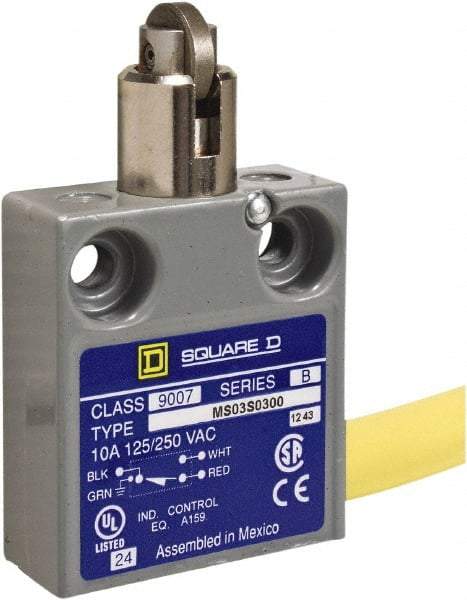 Square D - SPDT, NC/NO, 240 VAC, Prewired Terminal, Roller Plunger Actuator, General Purpose Limit Switch - 1, 2, 4, 6, 6P NEMA Rating, IP67 IPR Rating, 80 Ounce Operating Force - Exact Tool & Supply