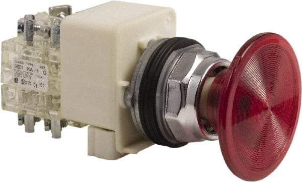 Schneider Electric - 30mm Mount Hole, Extended Mushroom Head, Pushbutton Switch Only - Round, Red Pushbutton, Nonilluminated, Maintained (MA), On-Off - Exact Tool & Supply