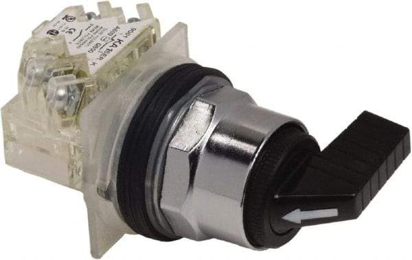 Schneider Electric - 1.18 Inch Mount Hole, 3 Position, Knob and Pushbutton Operated, Selector Switch - Black, Momentary (MO), NO/NC, Weatherproof and Dust and Oil Resistant - Exact Tool & Supply