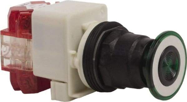 Schneider Electric - 30mm Mount Hole, Extended Straight, Pushbutton Switch with Contact Block - Green Pushbutton, Maintained (MA), Momentary (MO) - Exact Tool & Supply