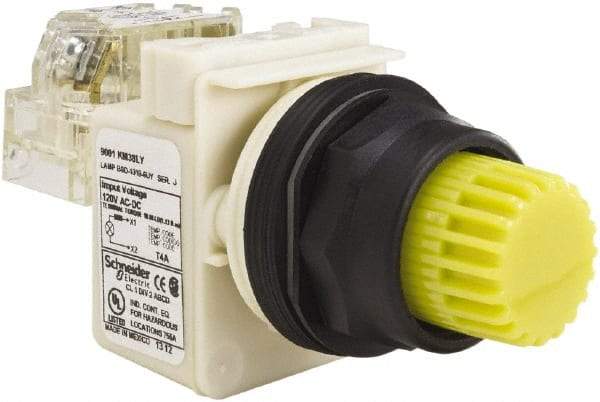Schneider Electric - 30mm Mount Hole, Extended Straight, Pushbutton Switch with Contact Block - Yellow Pushbutton, Momentary (MO) - Exact Tool & Supply