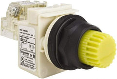 Schneider Electric - 30mm Mount Hole, Extended Straight, Pushbutton Switch with Contact Block - Yellow Pushbutton, Momentary (MO) - Exact Tool & Supply