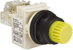 Schneider Electric - 1.22 Inch Mount Hole, Extended Straight, Pushbutton Switch with Contact Block - Round, Yellow Pushbutton, Illuminated, Momentary (MO), Anticorrosive, Dusttight, Oiltight, Watertight and Shock and Vibration Resistant - Exact Tool & Supply