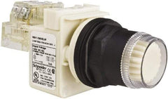 Schneider Electric - 1.22 Inch Mount Hole, Flush, Pushbutton Switch with Contact Block - Round, White Pushbutton, Illuminated, Momentary (MO), Anticorrosive, Dusttight, Oiltight, Watertight and Shock and Vibration Resistant - Exact Tool & Supply
