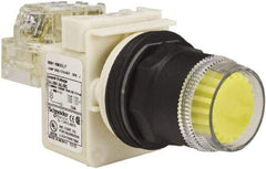 Schneider Electric - 30mm Mount Hole, Extended Straight, Pushbutton Switch with Contact Block - Yellow Pushbutton, Momentary (MO) - Exact Tool & Supply