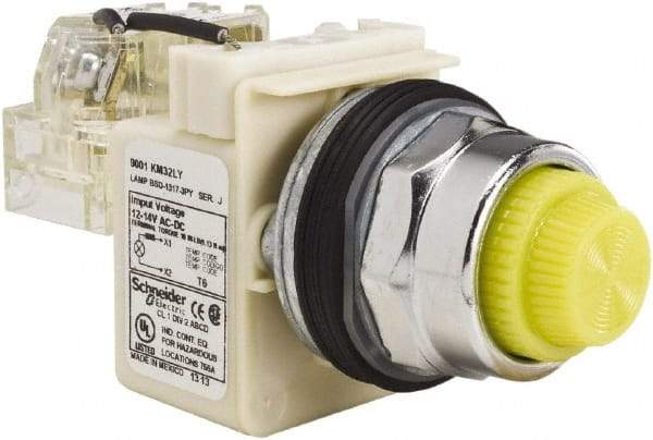 Schneider Electric - 12-14 VAC/VDC Yellow Lens LED Push-to-Test Pilot Light - Fresnel/Round Lens, Screw Clamp Connector, 104mm OAL x 54mm Wide, Dust-tight, Oiltight, Shock Resistant, Vibration Resistant, Watertight - Exact Tool & Supply