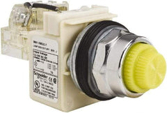 Schneider Electric - 12-14 VAC/VDC Yellow Lens LED Push-to-Test Pilot Light - Fresnel/Round Lens, Screw Clamp Connector, 104mm OAL x 54mm Wide, Dust-tight, Oiltight, Shock Resistant, Vibration Resistant, Watertight - Exact Tool & Supply