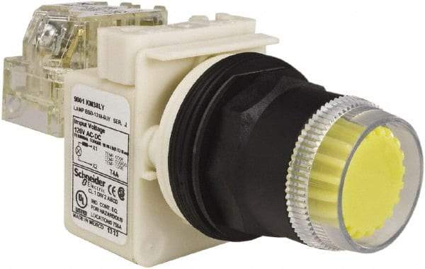 Schneider Electric - 30mm Mount Hole, Extended Straight, Pushbutton Switch with Contact Block - Yellow Pushbutton, Momentary (MO) - Exact Tool & Supply