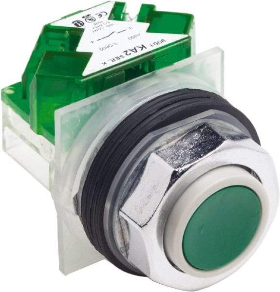 Schneider Electric - 30mm Mount Hole, Extended Straight, Pushbutton Switch with Contact Block - Green Pushbutton, Momentary (MO) - Exact Tool & Supply