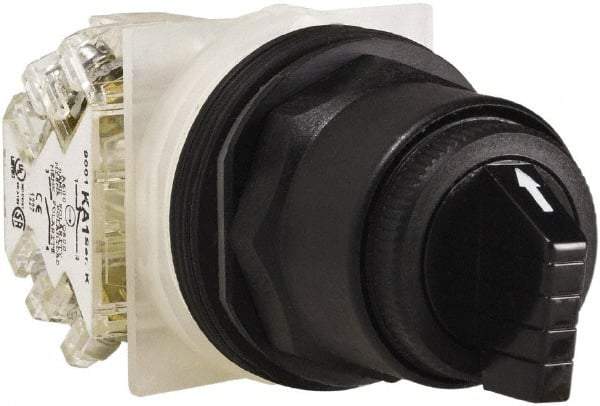 Schneider Electric - 1.18 Inch Mount Hole, 3 Position, Knob and Pushbutton Operated, Selector Switch - Black, Maintained (MA), Anticorrosive, Weatherproof, Dust and Oil Resistant - Exact Tool & Supply