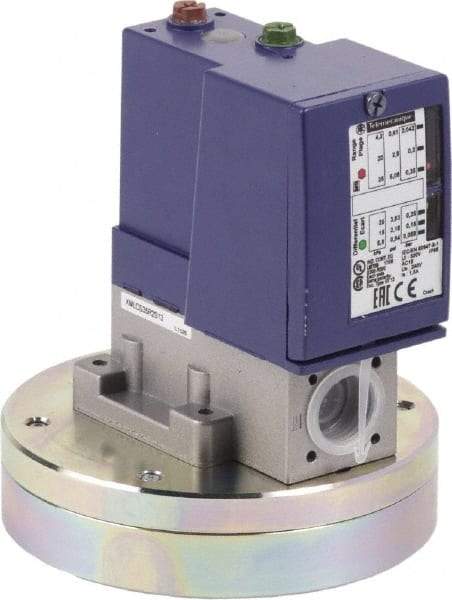 Telemecanique Sensors - 4 NEMA Rated, DPST, SPDT, 5.075 psi, Air Compressor Pressure and Level Switch - Adjustable Pressure, 1/2 Inch Connector, Screw Terminal, For Use with Air, Corrosive Fluids, Fresh Water, Hydraulic Oils, Sea Water - Exact Tool & Supply