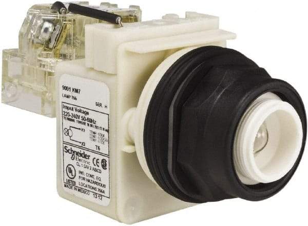 Schneider Electric - 220-240 V Incandescent Press-to-Test Indicating Light - Round Lens, Screw Clamp Connector, 54mm OAL x 42mm Wide, Vibration Resistant - Exact Tool & Supply