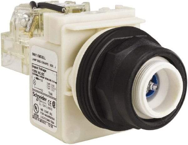 Schneider Electric - 120 V Blue Lens LED Pilot Light - Round Lens, Screw Clamp Connector, 54mm OAL x 42mm Wide, Vibration Resistant - Exact Tool & Supply