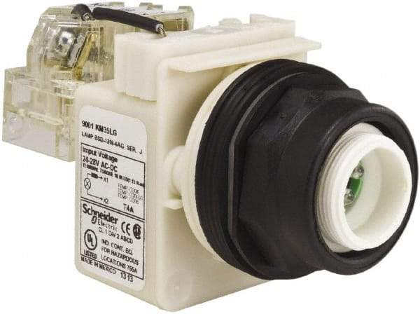 Schneider Electric - 28 V Green Lens LED Pilot Light - Round Lens, Screw Clamp Connector, 54mm OAL x 42mm Wide, Vibration Resistant - Exact Tool & Supply