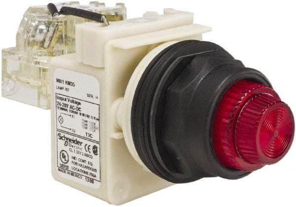 Schneider Electric - 24 V, 28 V Red Lens Press-to-Test Indicating Light - Round Lens, Screw Clamp Connector, Corrosion Resistant, Dust Resistant, Oil Resistant - Exact Tool & Supply