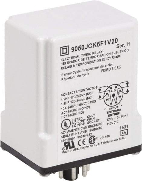 Square D - DPDT Time Delay Relay - 10 Contact Amp, 110 VDC & 120 VAC - Exact Tool & Supply