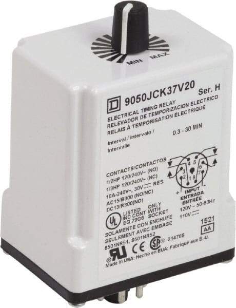 Square D - 0.3 to 30 min Delay, DPDT Time Delay Relay - 10 Contact Amp, 110 VDC & 120 VAC - Exact Tool & Supply