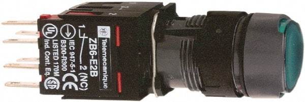 Schneider Electric - 16mm Mount Hole, Flush, Pushbutton Switch with Contact Block - Round, Green Pushbutton, Illuminated, Momentary (MO) - Exact Tool & Supply